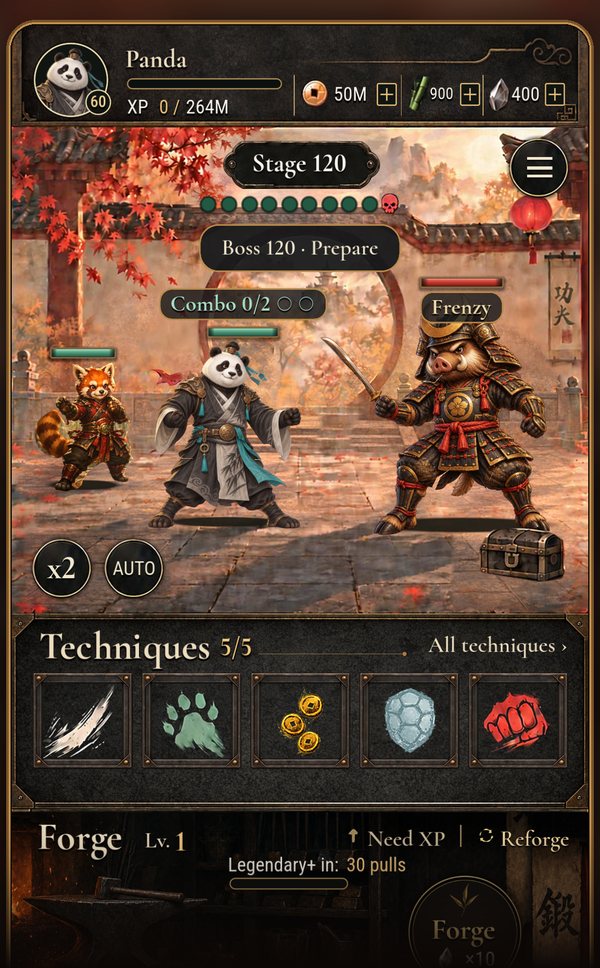 Panda Idle RPG at stage 120: the panda and a red panda partner face the Boar Shogun in a temple courtyard, with five techniques and the forge below